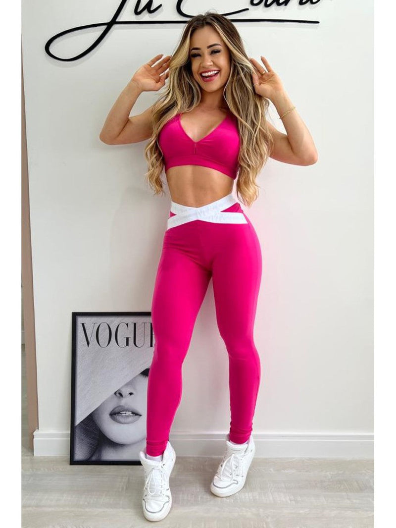 Estiloso Conjunto de Leggings Rosa e Branco com Cinta Elástica