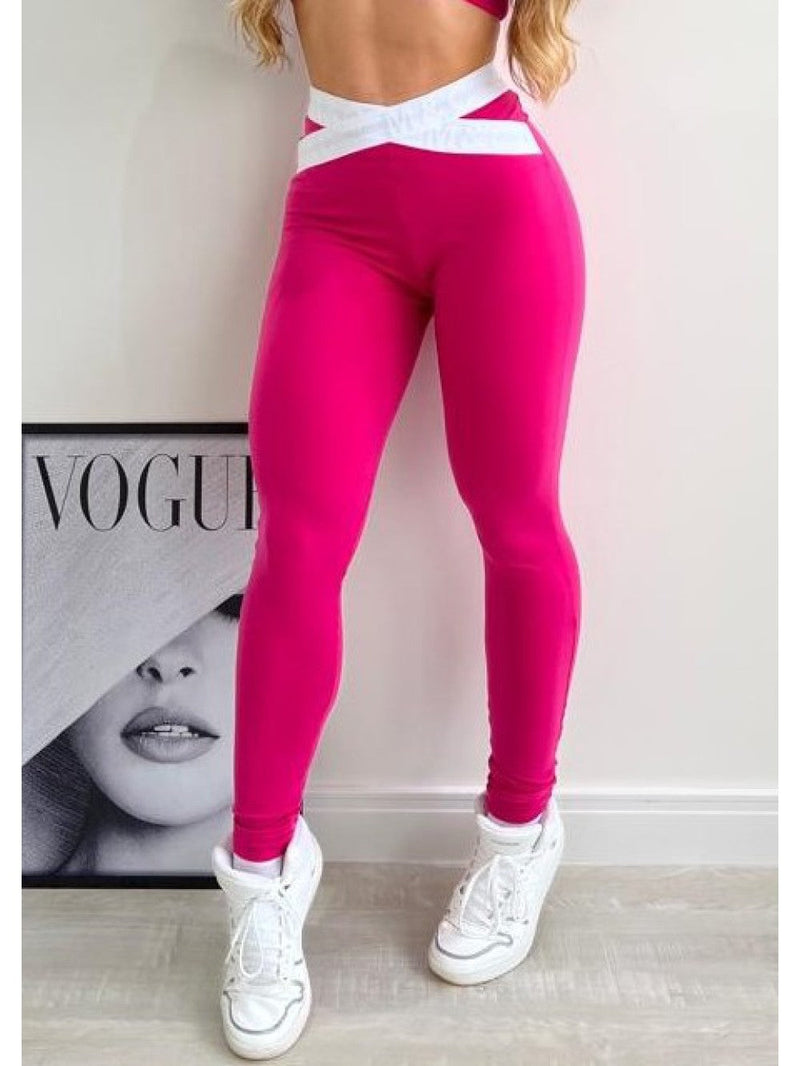 Estiloso Conjunto de Leggings Rosa e Branco com Cinta Elástica