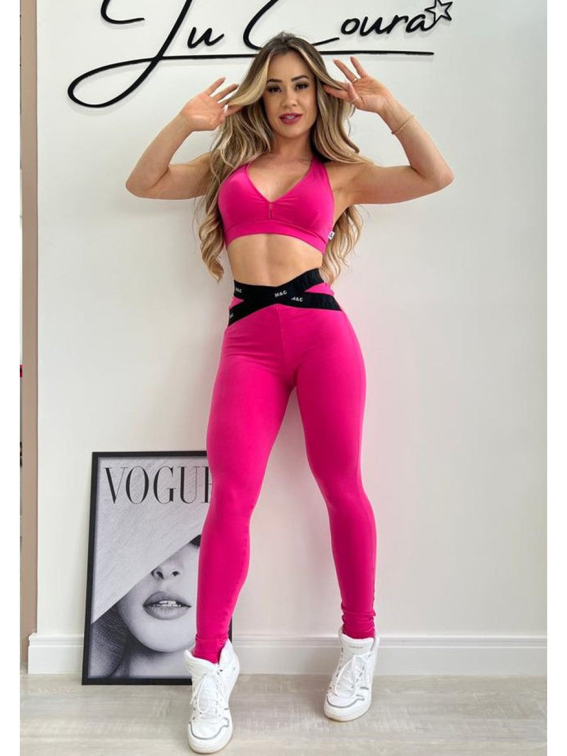 Conjunto de Legging Elegante em Rosa e Preto com Tecido Elástico