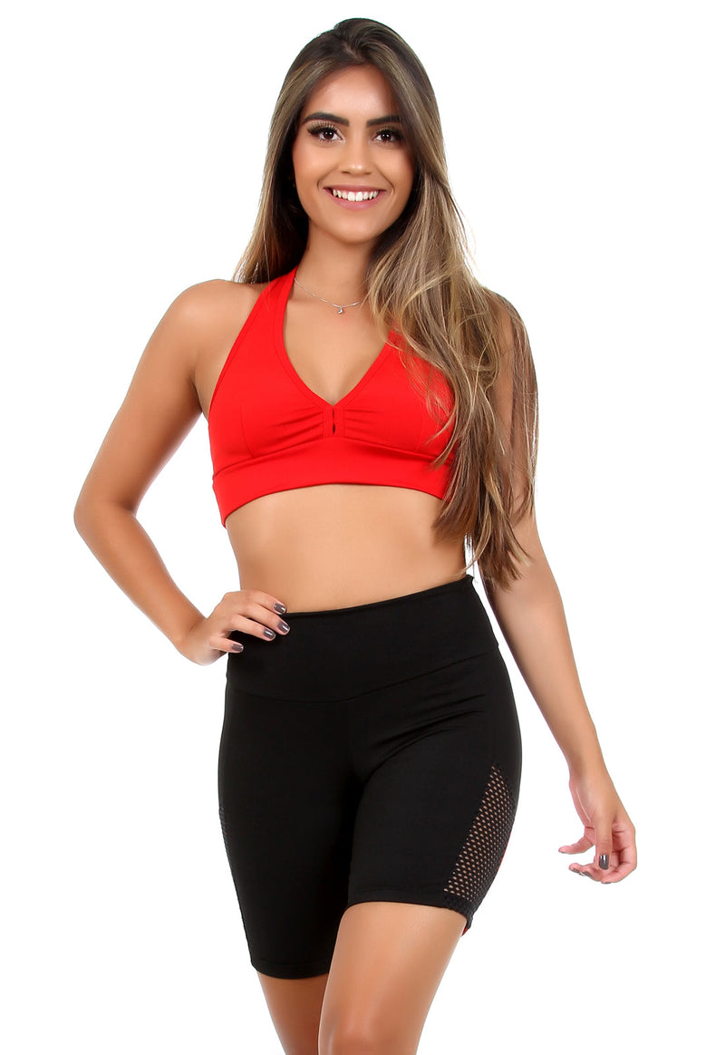 Conjunto Fitness Bermuda Com Detalhes + Top sem Bojo Vermelho