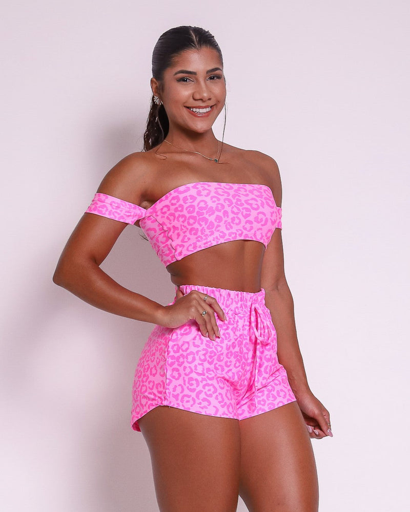 Conjunto Fitness Estampado Onça com Toque de Barbie Rosa